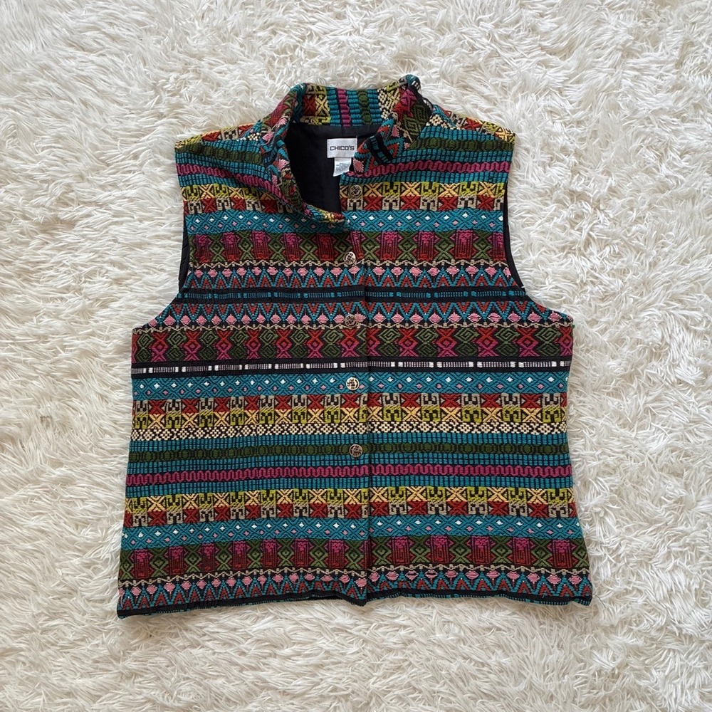 Chicos Size 3 Tapestry Vest Southwestern Geometric Multi-Color 100% Cotton Lined